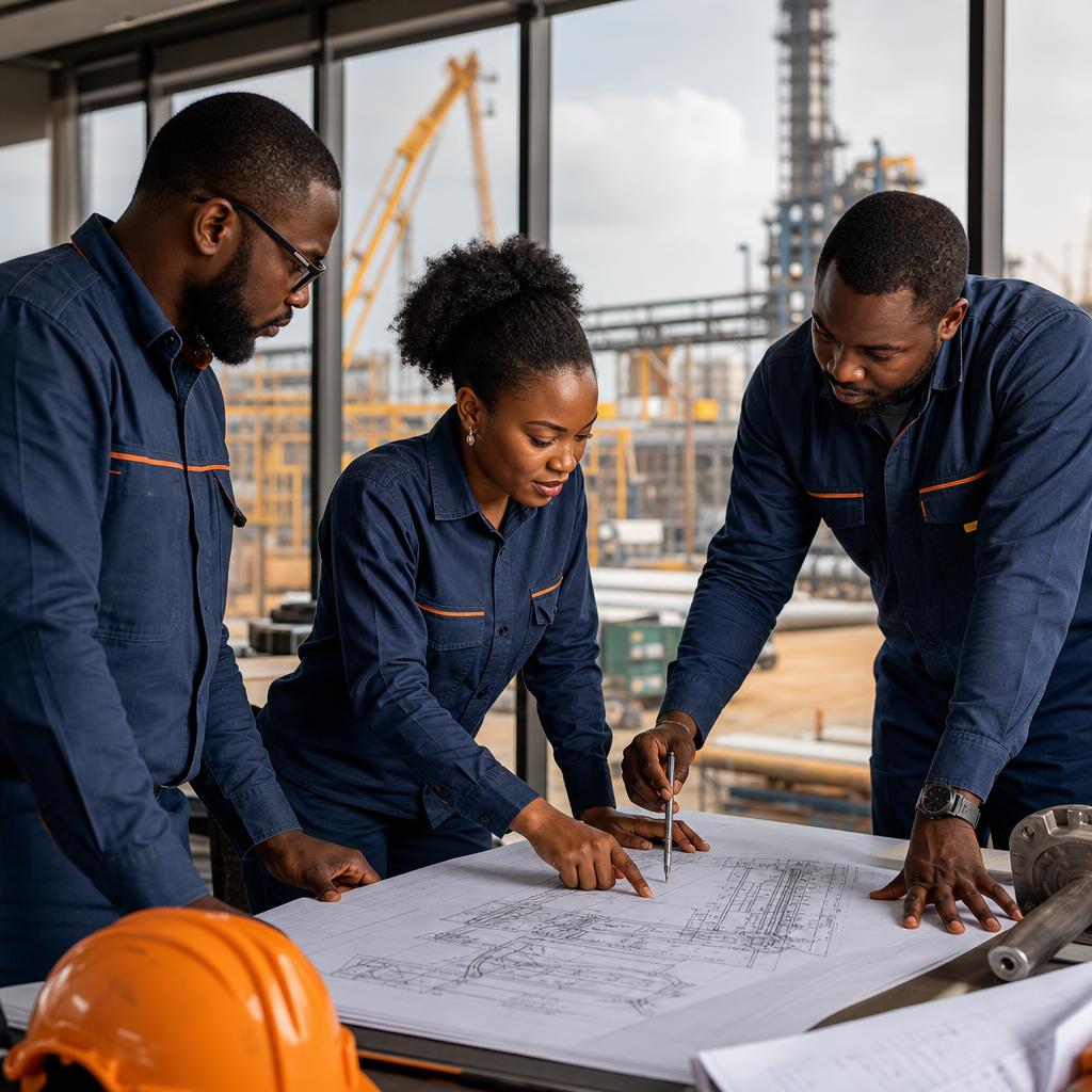 Nigerian engineers reviewing project plans together