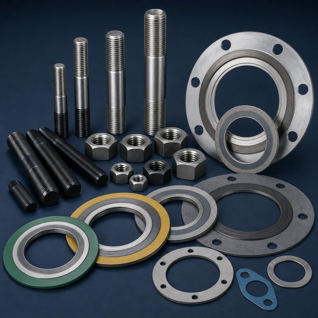 Industrial stud bolts, nuts and sealing gaskets